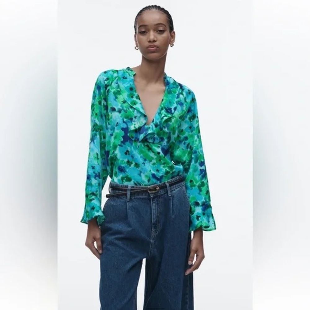 Zara Vibrant Green and Blue Blouse